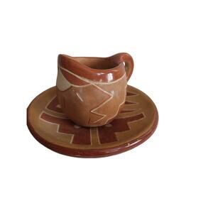 Native American Pottery Teracotta Southwest Design Pitcher & Plate